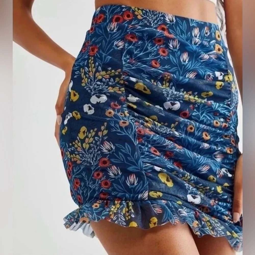 Free People Blue Floral Ruched Mesh Mini Skirt Ruffle Hem Small Boho Cottage